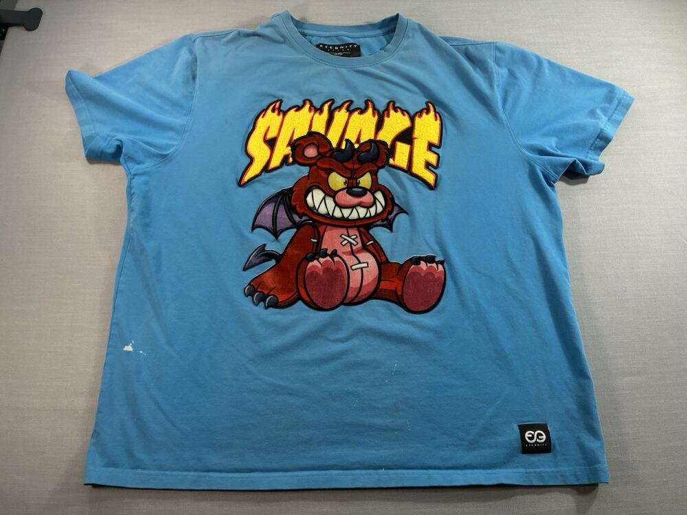 Eternity Savage Embroidered Bear Tee Mens 3XL Blue Distressed Festival Shirt